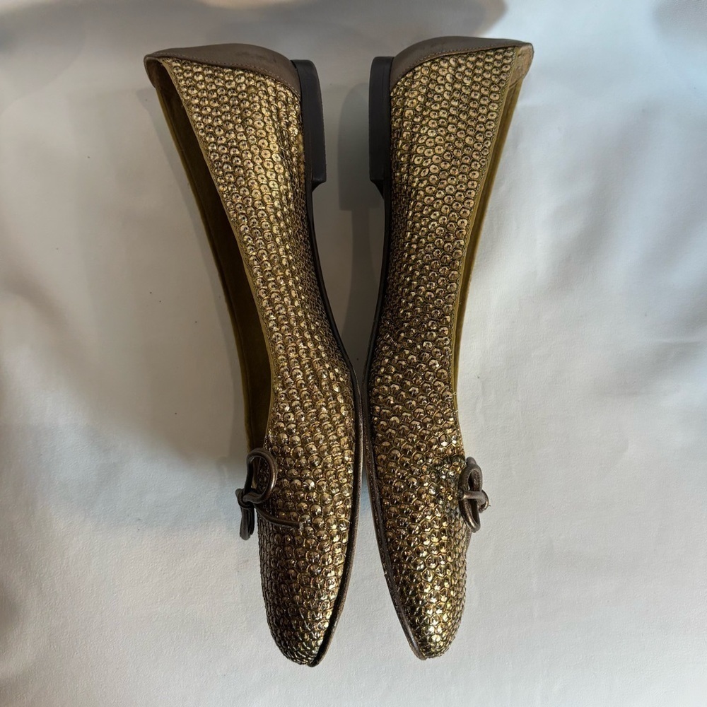 STUART WEITZMAN Sz 9 Textured Gold Toned Ballet Flats Almond Toe Bow Detail - Picture 6 of 10